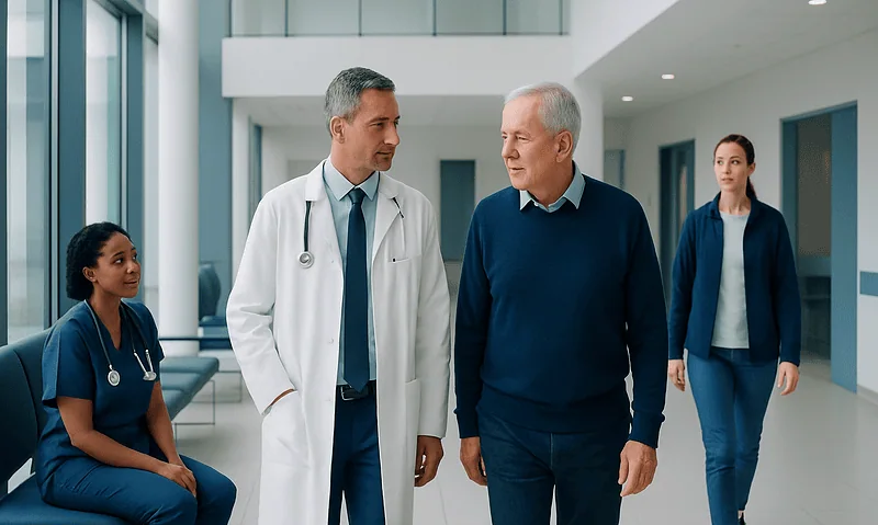 Medical team discussing patient care in hospital corridor.