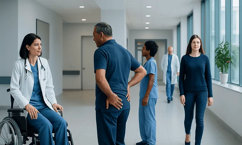 Medical team discussing patient care in hospital corridor.
