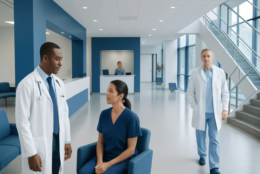 Swallowing Problems in Neuromuscular Disease: Causes, Testing, and Care 1 Medical team consulting with patient in hospital lobby.