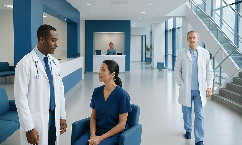 Medical team consulting with patient in hospital lobby.