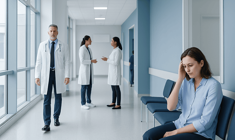 Patient experiencing headache in hospital corridor at Acibadem Hospitals Group.