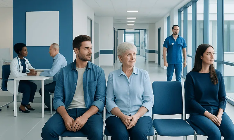 Patients waiting in a hospital corridor with medical staff nearby.