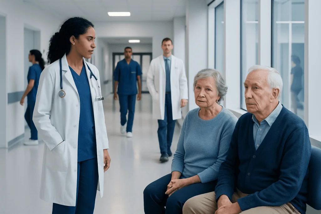 Memory Loss in Older Adults: Normal Aging or a Neurodegenerative Disease? 1 Healthcare professionals consulting elderly patients in hospital corridor.