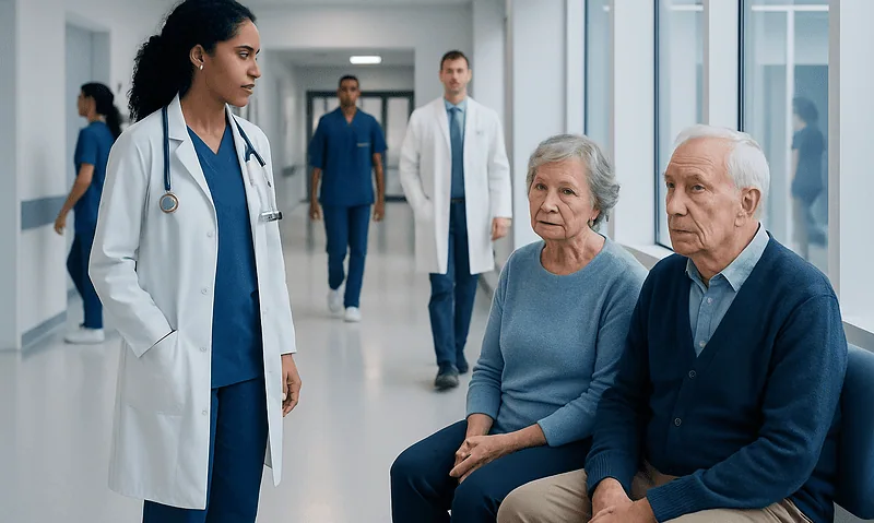 Healthcare professionals consulting elderly patients in hospital corridor.