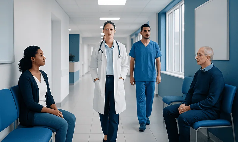 Medical team consulting patient in hospital corridor.