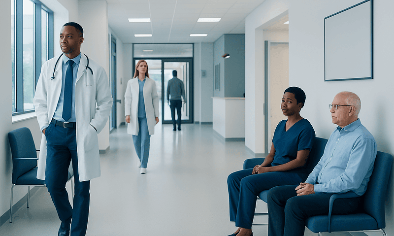 Medical professionals and patients in a hospital corridor at Acibadem Hospitals Group.