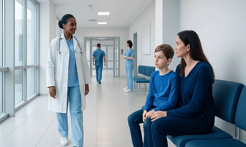 Doctor talking to mother and child in hospital corridor.