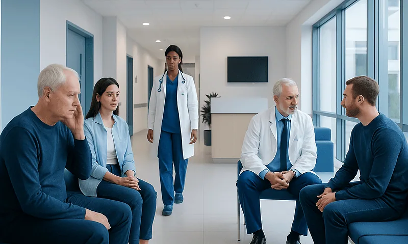 Doctor consulting with patients in a hospital corridor.
