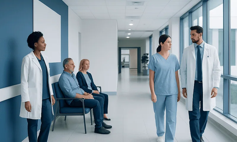 Medical team discussing patient care in hospital corridor.