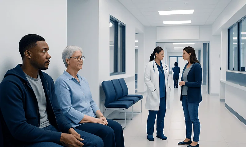Patients waiting in a hospital corridor for medical consultation.