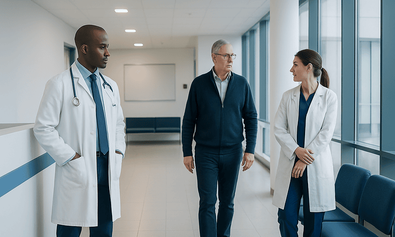 Medical team discussing patient care in hospital corridor.