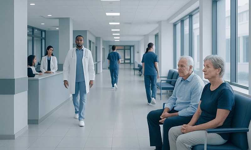 Hospital corridor with elderly patients and medical staff at Acibadem Hospitals Group.