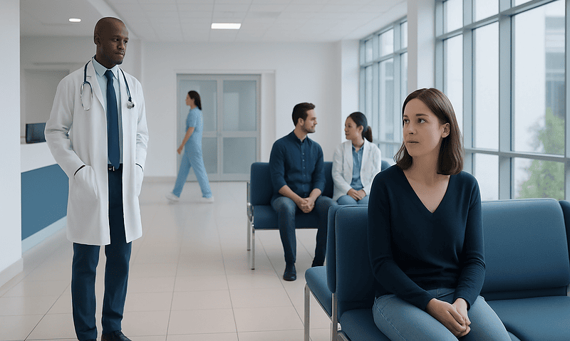 Doctor and patients in a hospital waiting area with large windows.