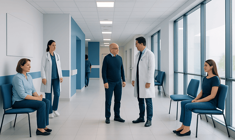 Doctors and patients in a hospital corridor with large windows and seating.