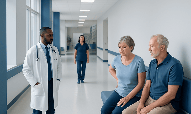 Doctor consulting elderly couple in hospital corridor.