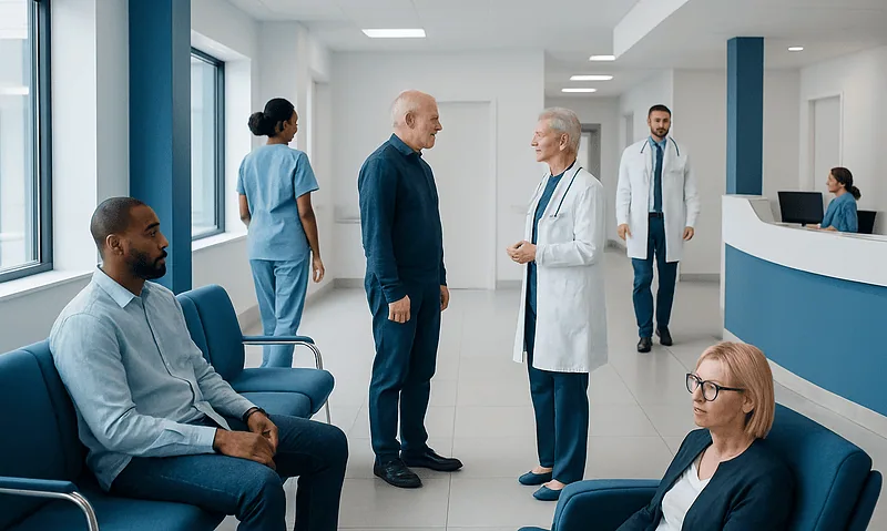 Hospital waiting area with medical staff and patients.