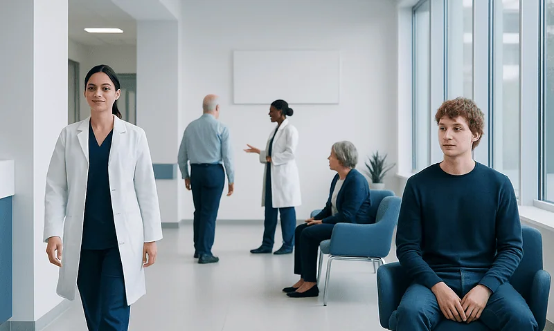 Medical staff and patients in a modern hospital waiting area.