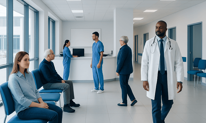 Medical consultation in a modern hospital waiting area with healthcare professionals and patients.