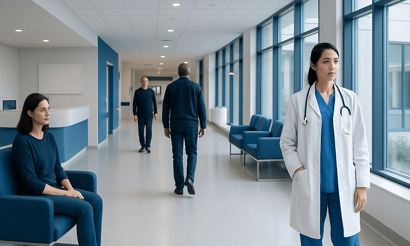 Healthcare professionals and patients in a modern hospital corridor.