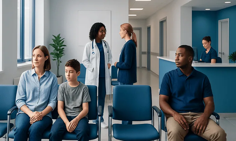 Patients waiting in a hospital corridor with medical staff consulting.