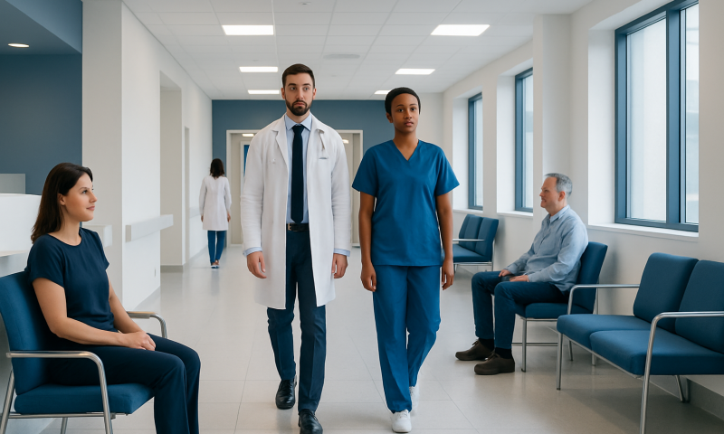Medical professionals and patients in a hospital corridor.