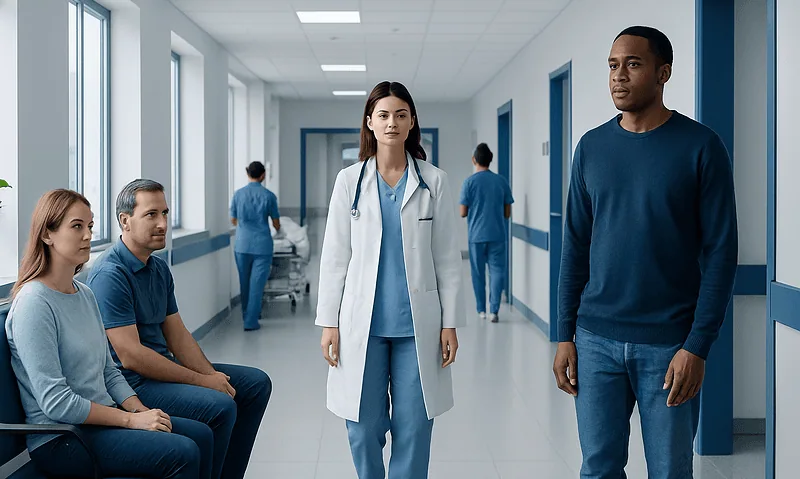 Medical team in hospital corridor with patients and staff.