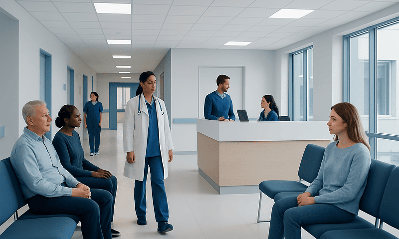 Medical consultation in a modern hospital waiting area with healthcare professionals and patients.