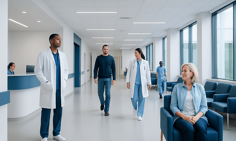 Medical team and patient in hospital corridor at Acibadem Hospitals Group.