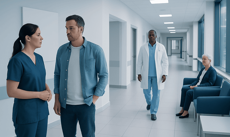 Hospital corridor with medical staff and patient in waiting area.