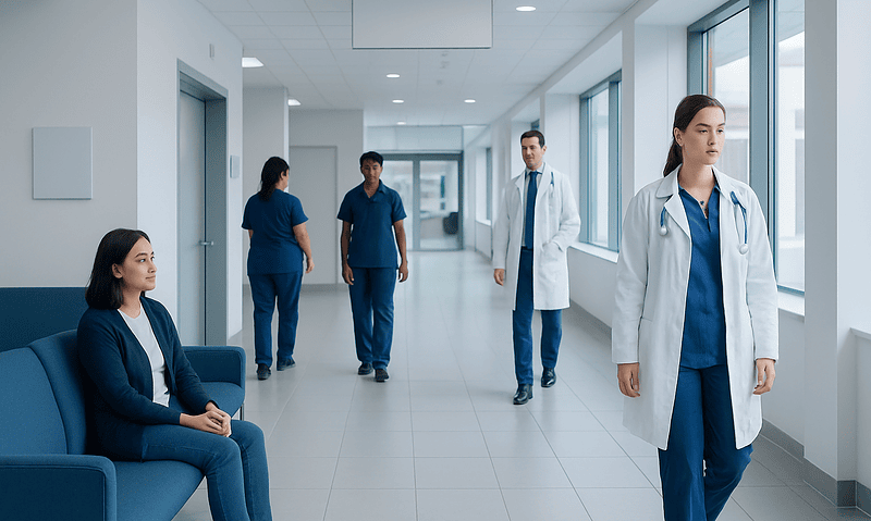 Medical team in hospital corridor with patient waiting area.