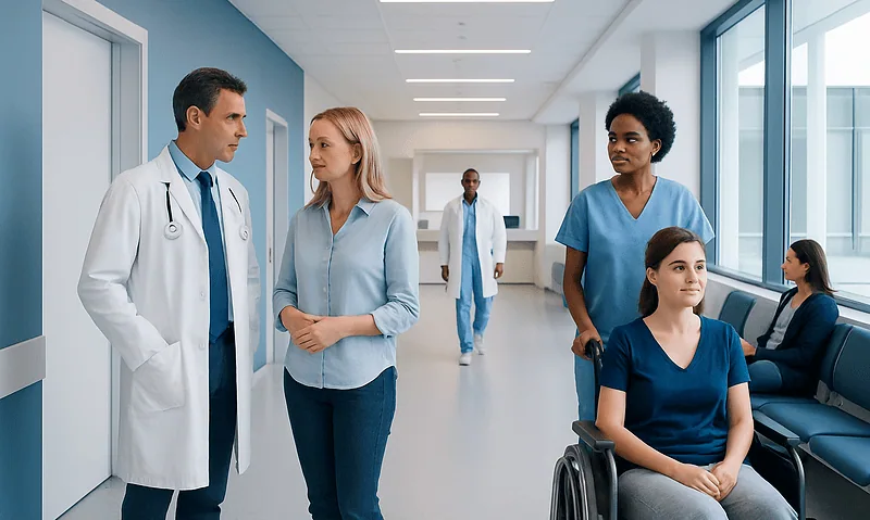 Medical team discussing patient care in hospital corridor.