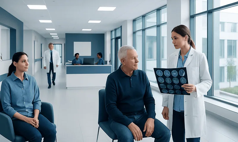 Doctor explaining brain scan results to senior patient in hospital corridor.