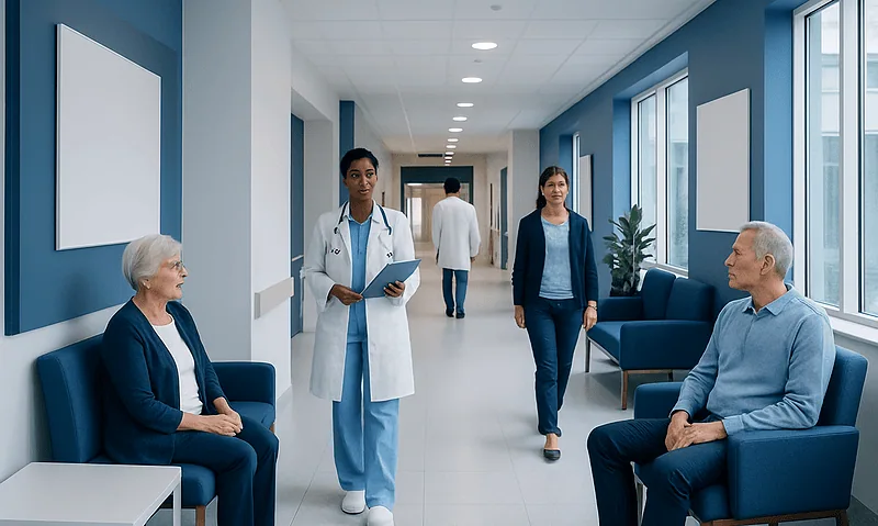 Patients and doctor in hospital corridor at Acibadem Hospitals Group.