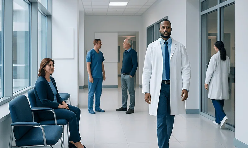 Medical professionals and patients in a hospital corridor at Acibadem Hospitals Group.