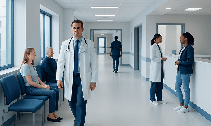 Medical professionals and patients in a hospital corridor at Acibadem Hospitals Group.
