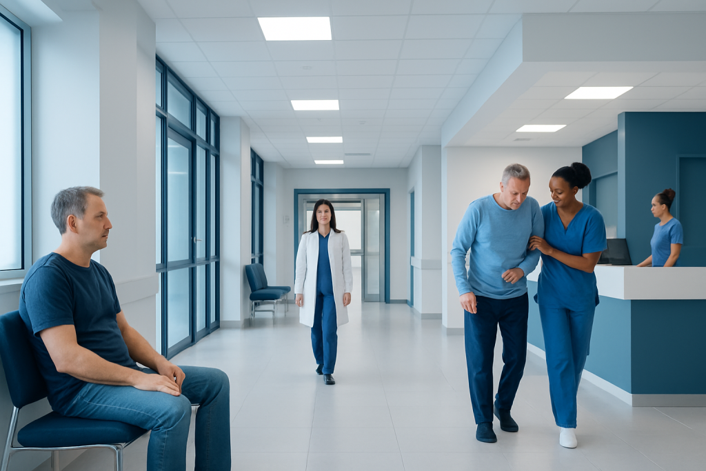 After a CNS Infection: Recovery, Rehabilitation, and Long-Term Follow-Up 1 Hospital corridor with medical staff and patient during recovery.