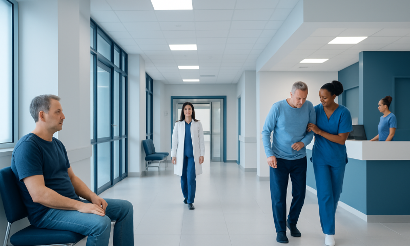 Hospital corridor with medical staff and patient during recovery.