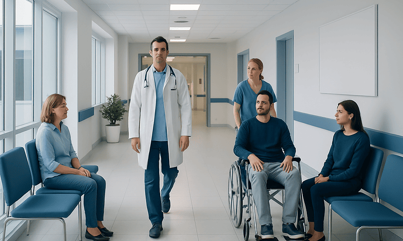 Doctor consulting patients in hospital corridor with wheelchair.