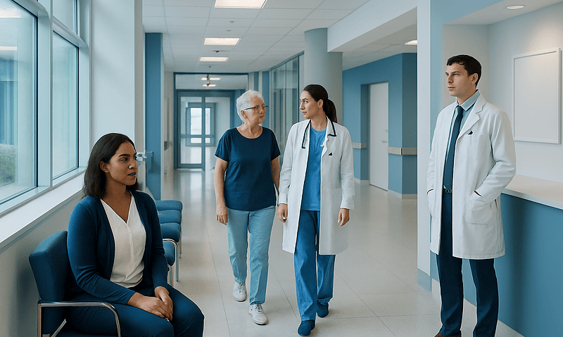 Medical team consulting with patient in hospital corridor.