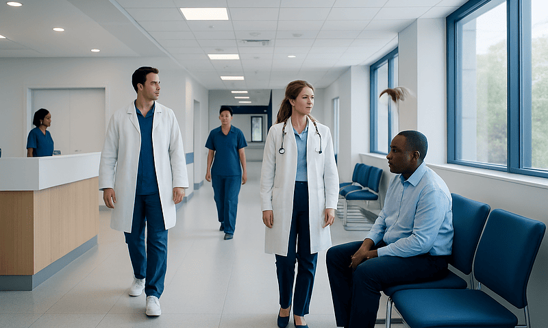 Medical team consulting patient in hospital corridor.