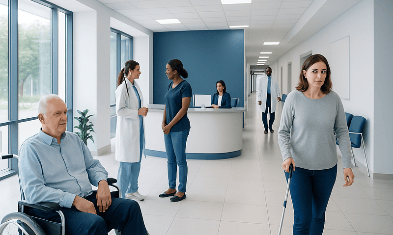 Patients and medical staff in a modern hospital corridor.