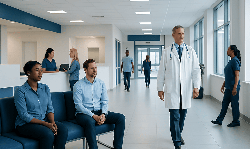 Hospital corridor with doctors and patients in a modern healthcare facility.