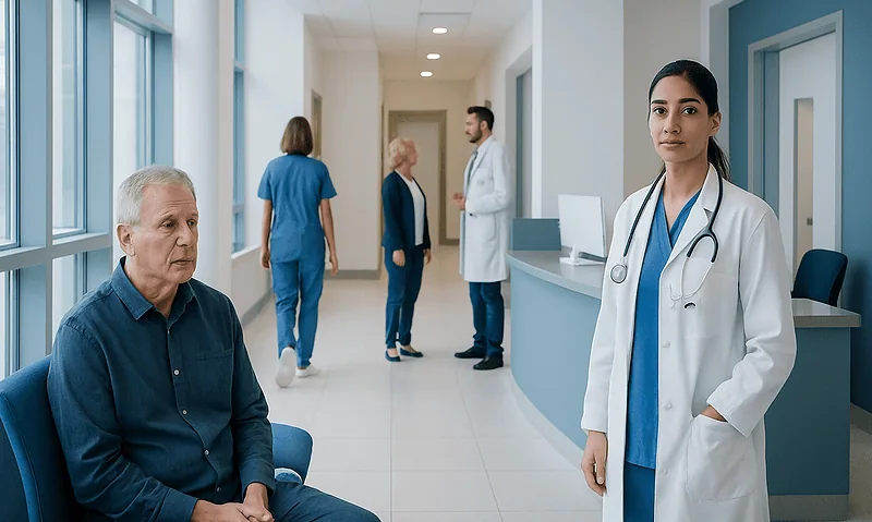 Healthcare professionals and patient in a hospital corridor.