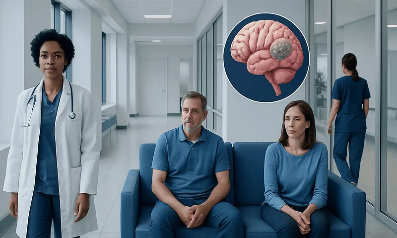 Doctor explaining brain infection risks to patients in hospital corridor.