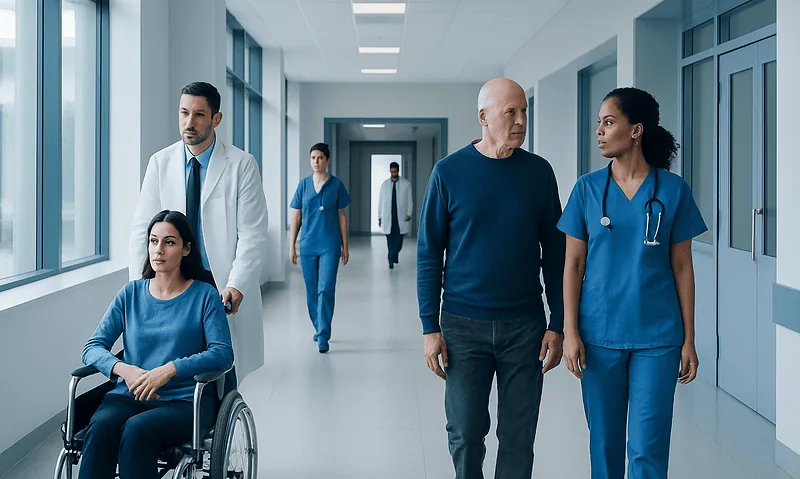 Medical team walking in hospital corridor with patient in wheelchair.