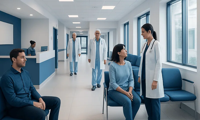 Medical team consulting patient in hospital corridor.