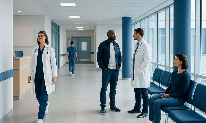 Medical professionals and a patient in a hospital corridor.