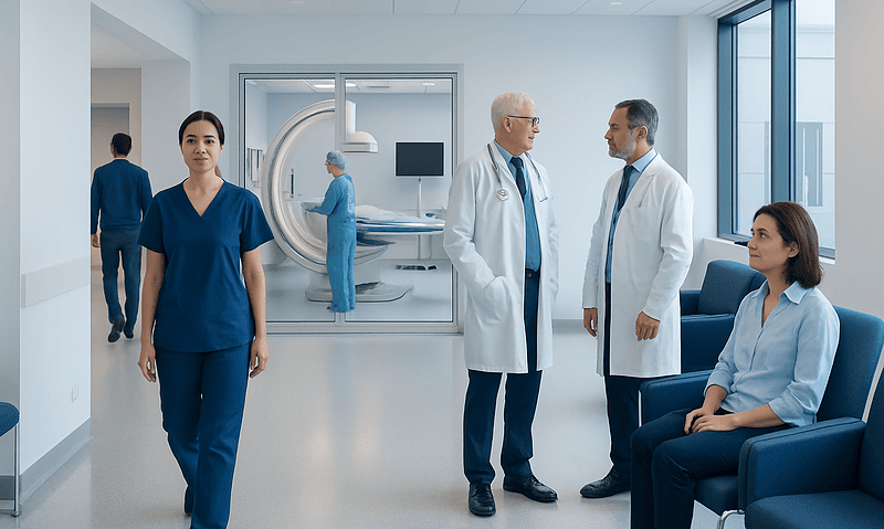 Medical team in hospital corridor with MRI scanner in background.