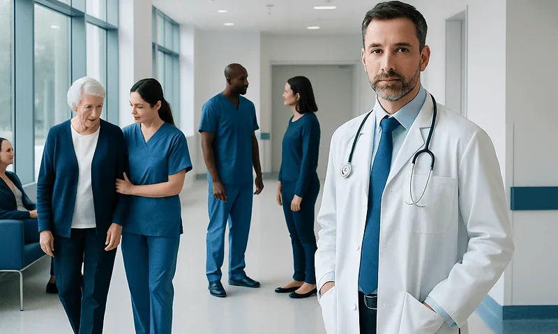 Stroke Specialists: How to Choose the Right Hospital for Urgent Care 14 Healthcare professionals and a doctor in a hospital corridor.