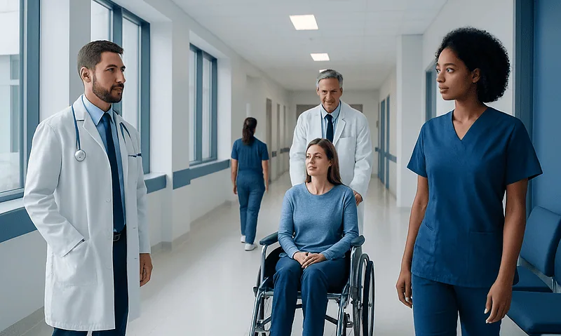 Medical team consulting with patient in hospital corridor.